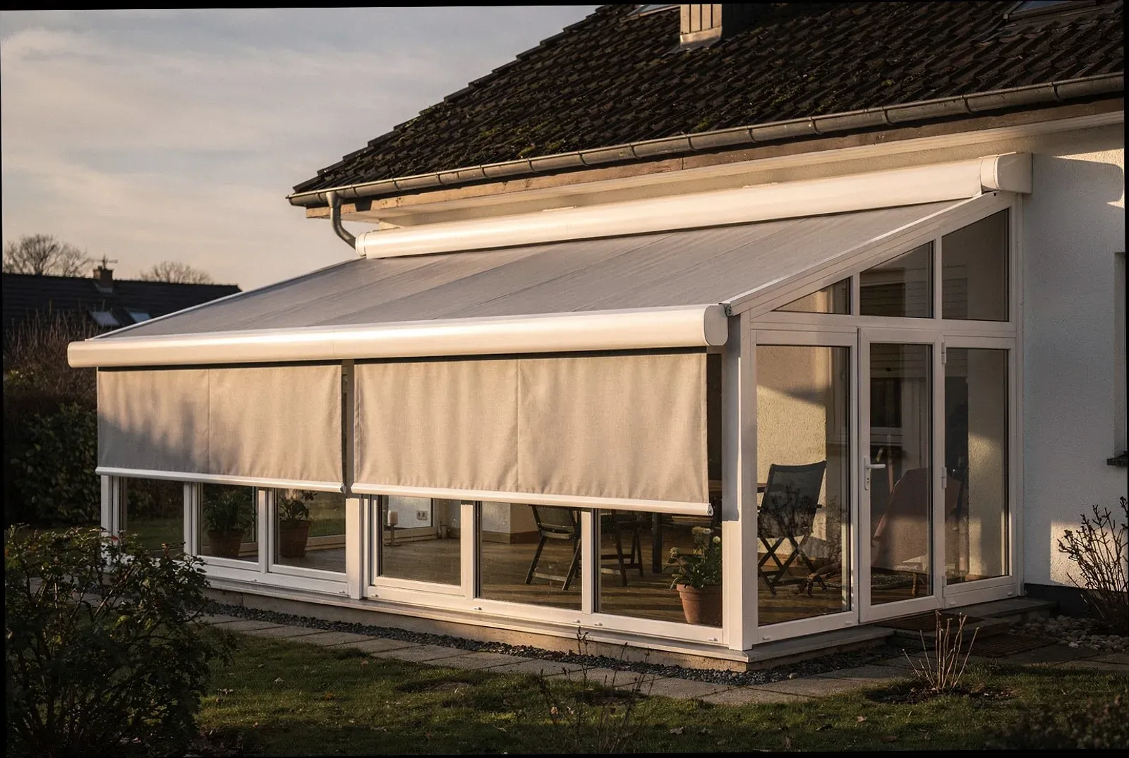 Balkonverglasung mit Sonnenschutz an einem Wohnhaus in Bremen